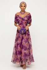 Printed Off-Shoulder Pleated Dress — Purple Print