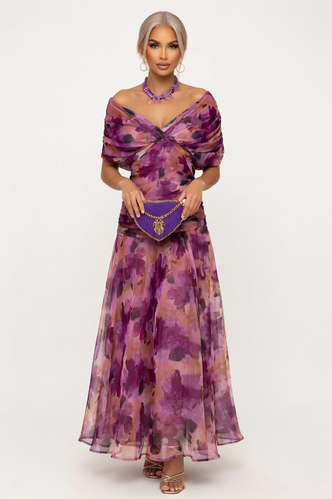 Printed Off-Shoulder Pleated Dress — Purple Print