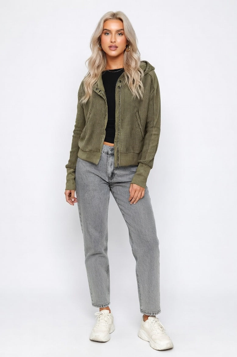 Waffle Knit Zip Hoodie — Army Green