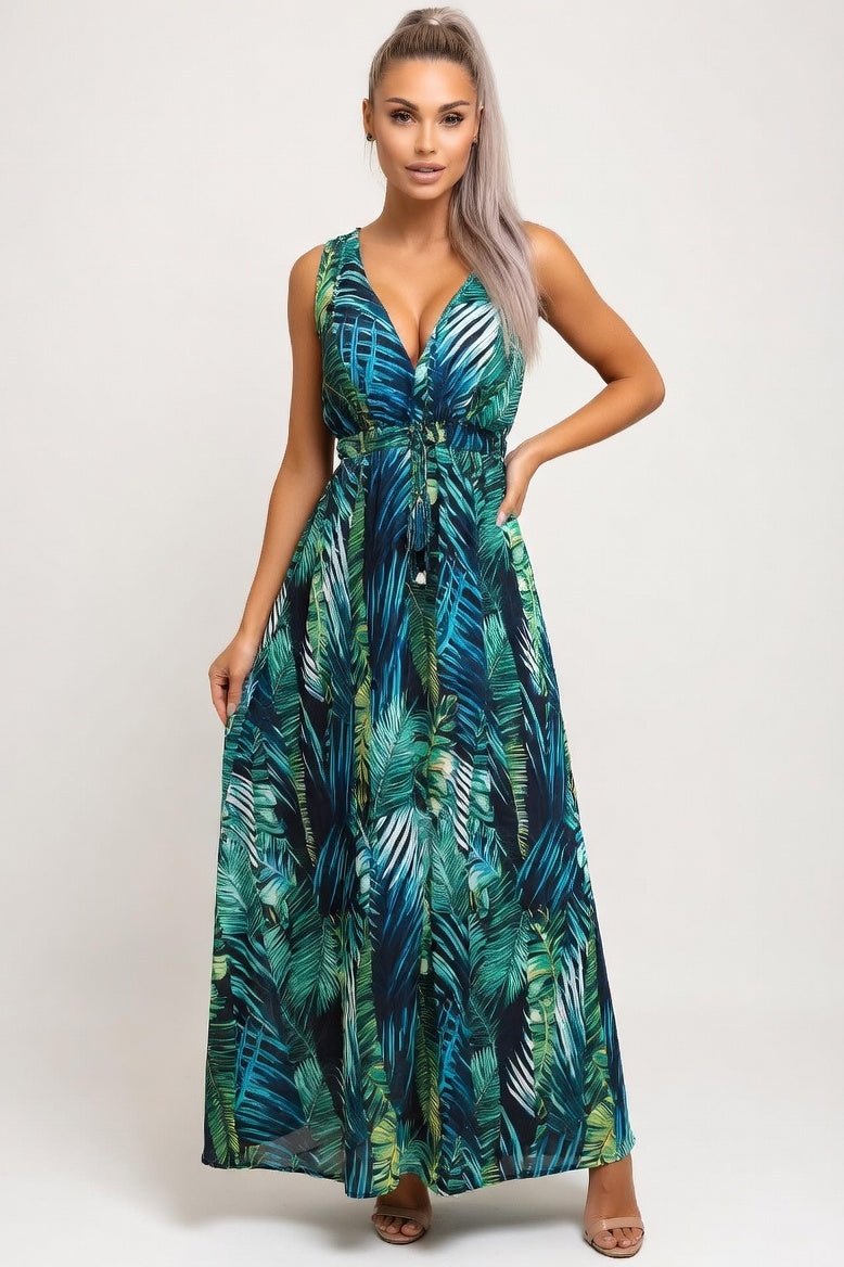 Printed Open Back Strap Dress — Green