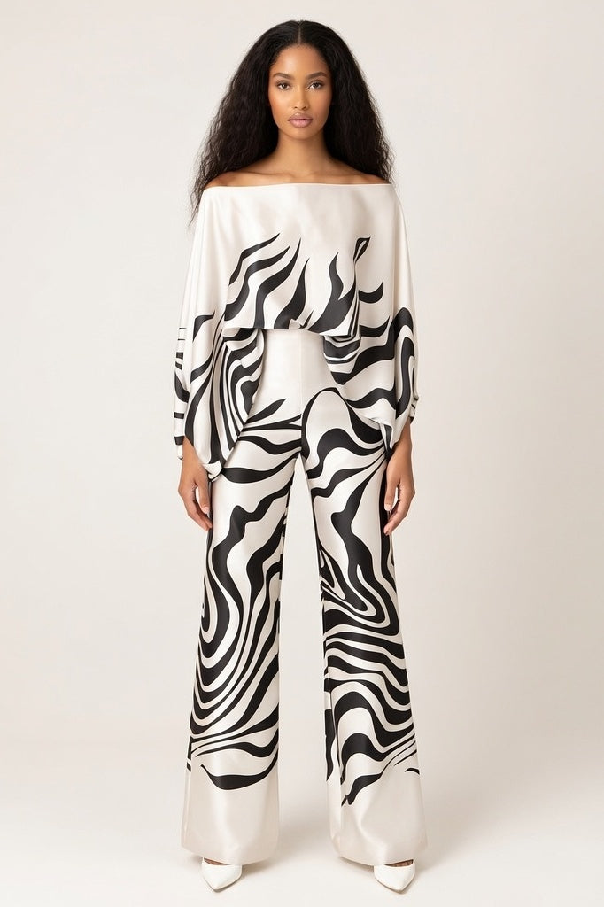 Printed Off-Shoulder Wide Leg Co-ord Set — Black Stripe