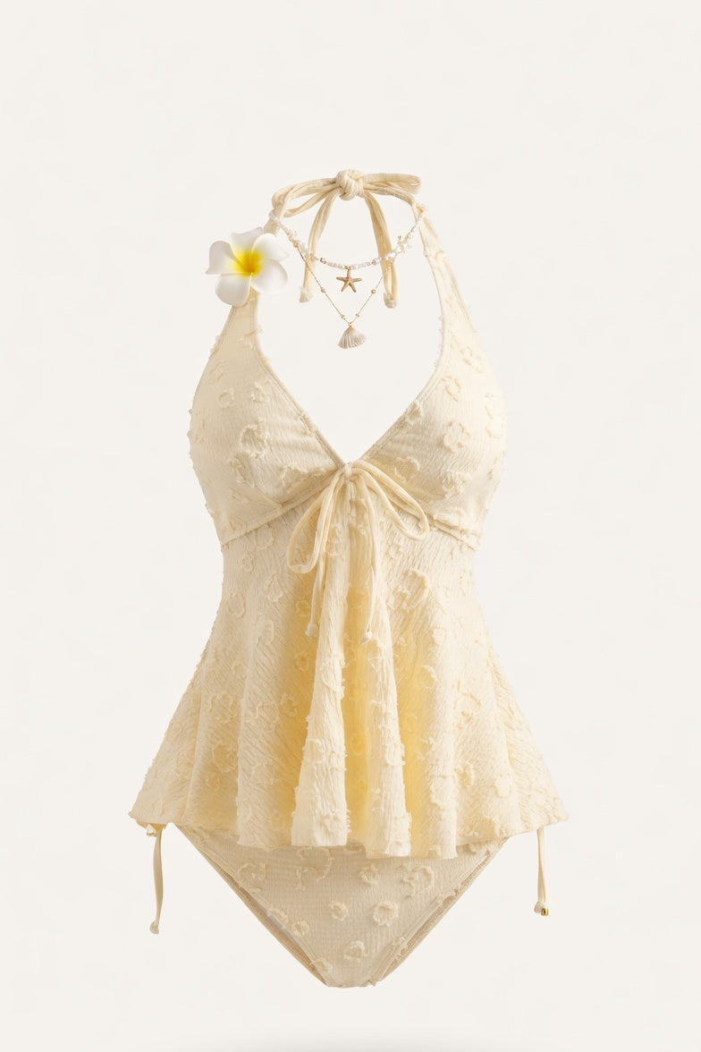 Lace Halter Swimsuit with Ruffle Detail — Yellow