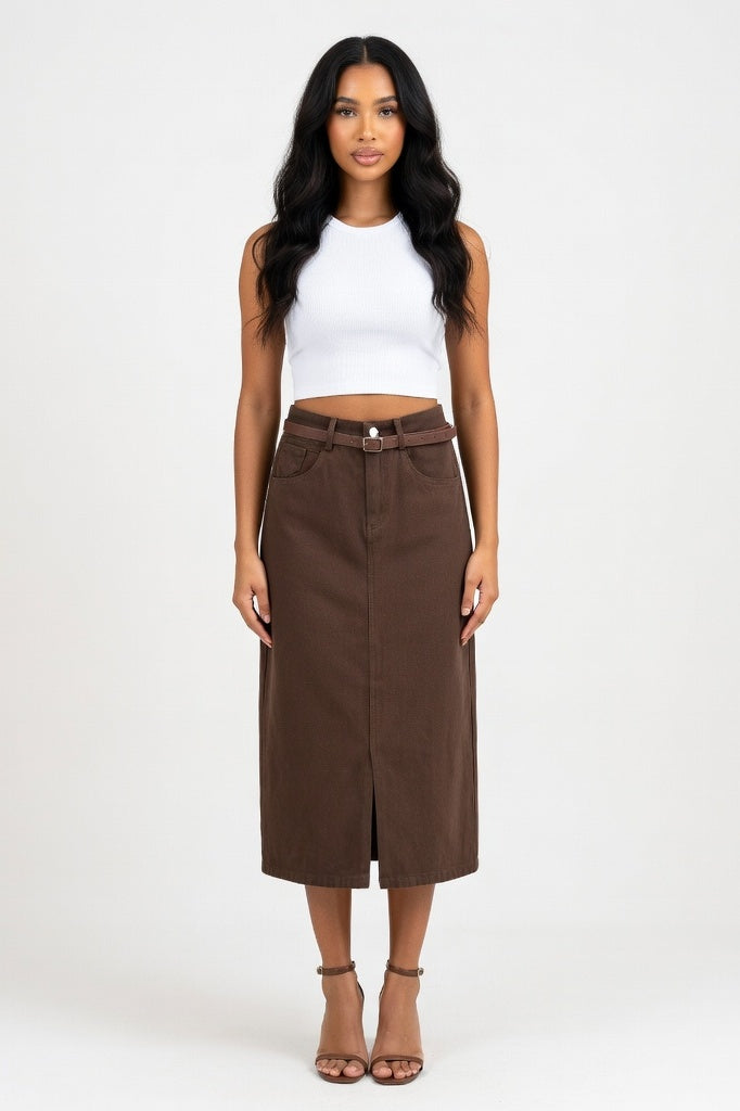 Belted Denim A-Line Skirt — Dark Coffee