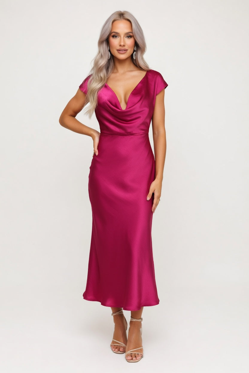 Satin One Shoulder Fishtail Dress — Carmine