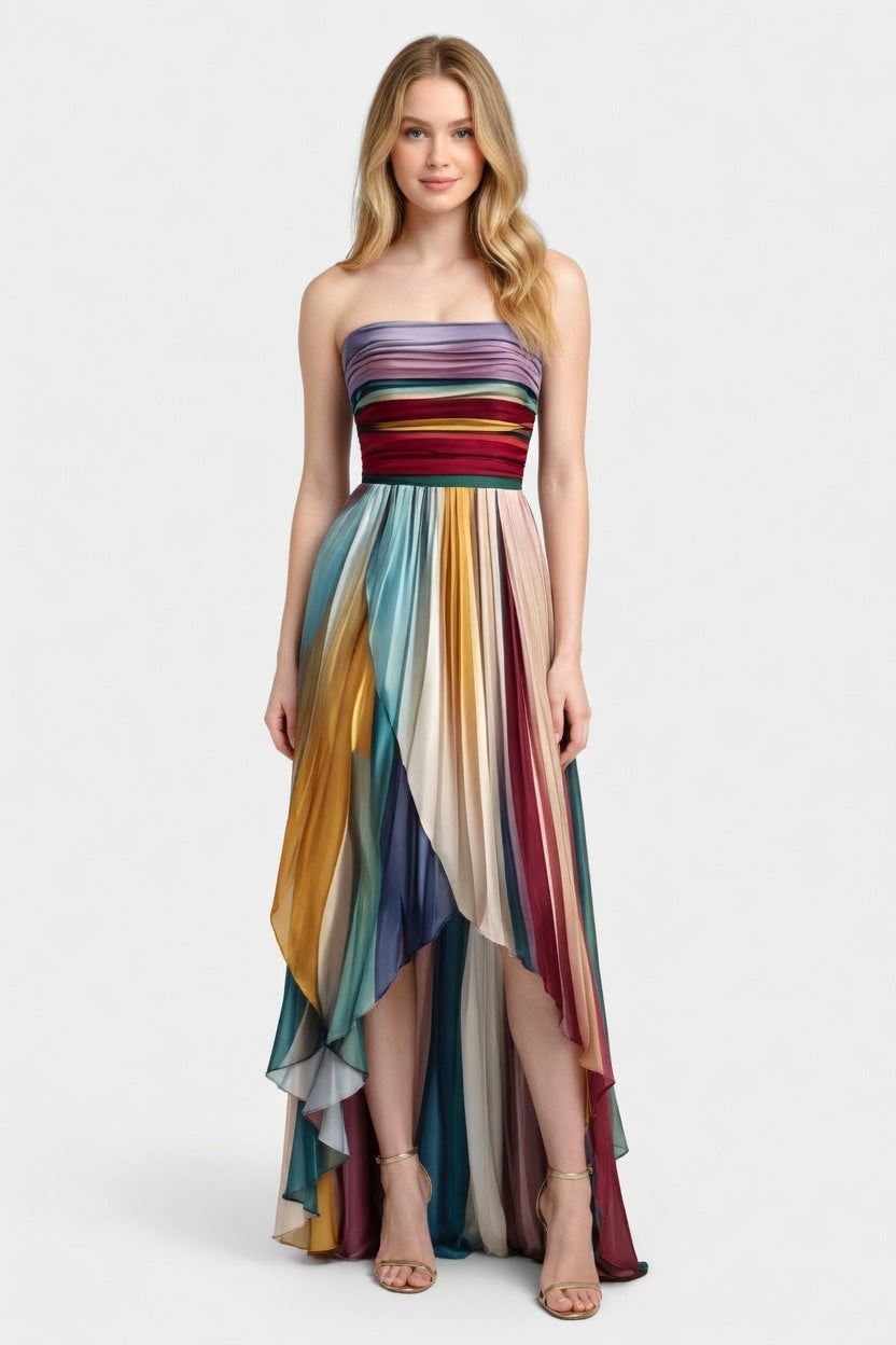 Printed Strapless Midi Dress — front view