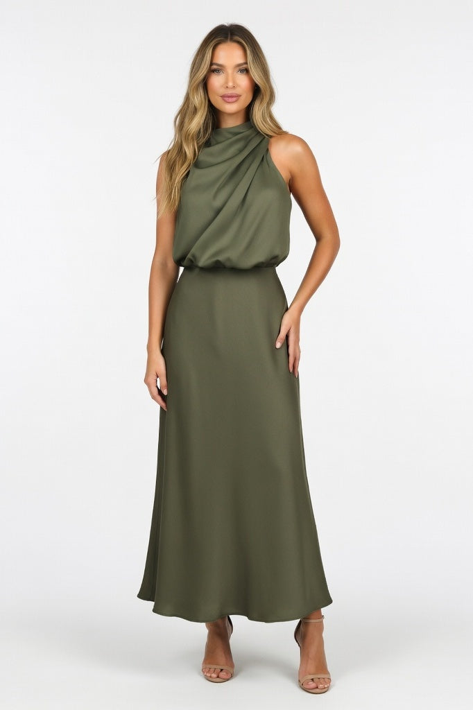 Sleeveless Satin Dress — Army Green