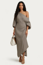 Off-Shoulder Lantern Sleeve Midi Dress — Khaki