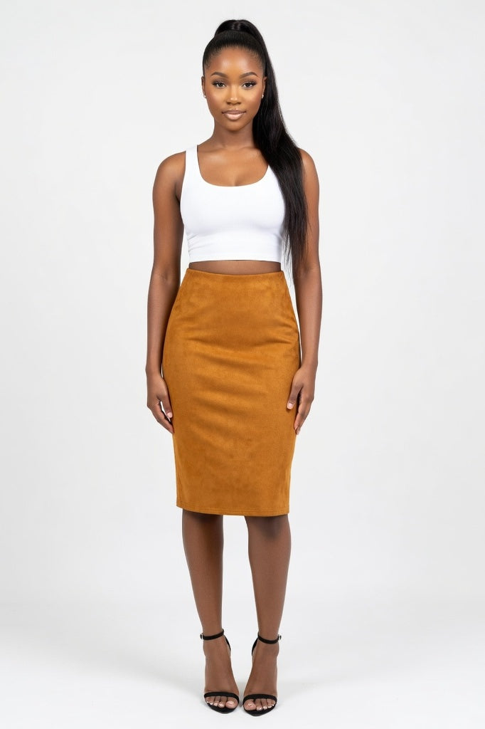 Suede Mini Skirt with Front Slit — Brown