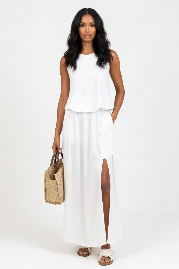 Modal Halter Split Midi Dress — White