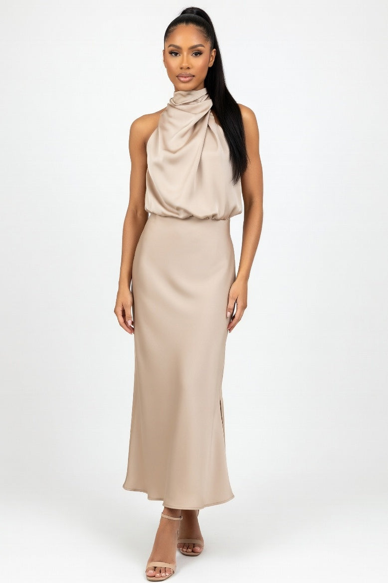 Sleeveless Satin Dress — Apricot