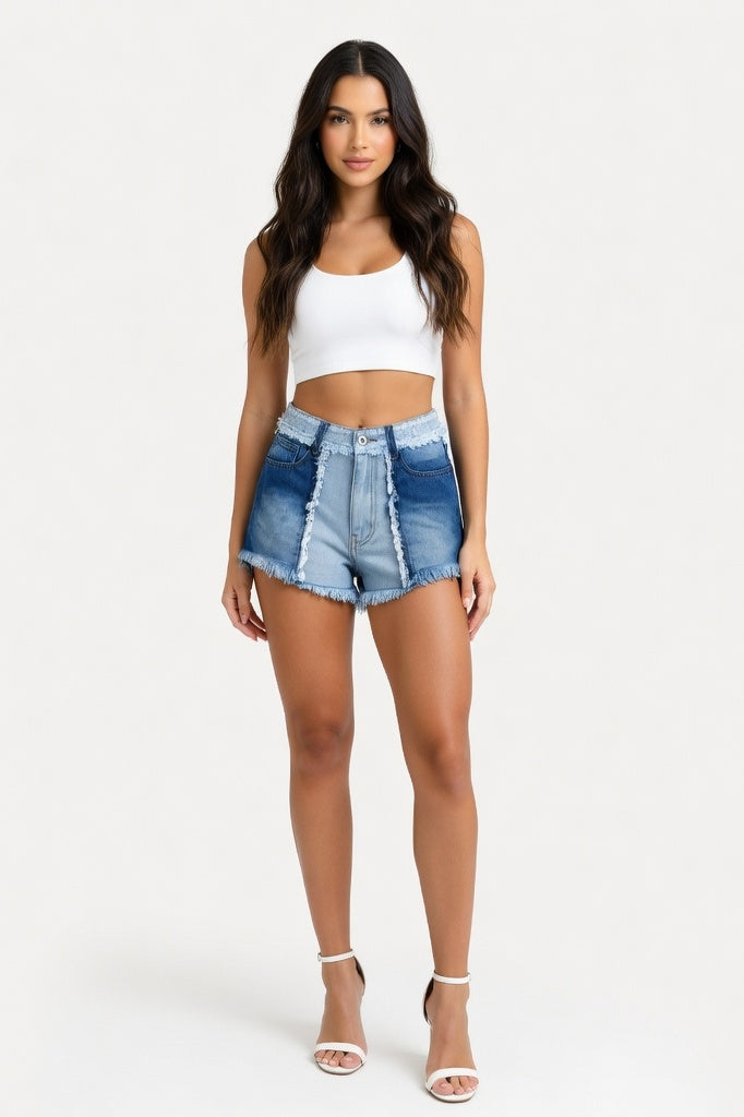 Tassel Trim Denim Shorts — Light Blue