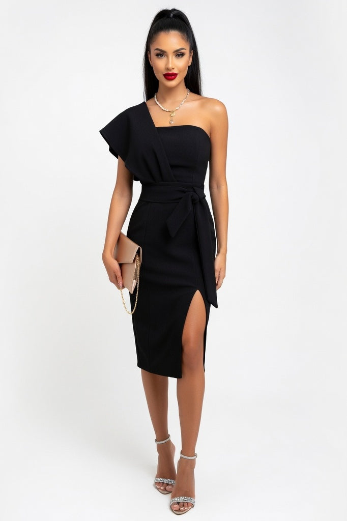 Off Shoulder Bodycon Dress with Side Slit — Black