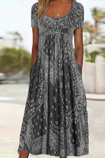 Printed Midi Dress Round Neck Short Sleeve — Grey — colour variant