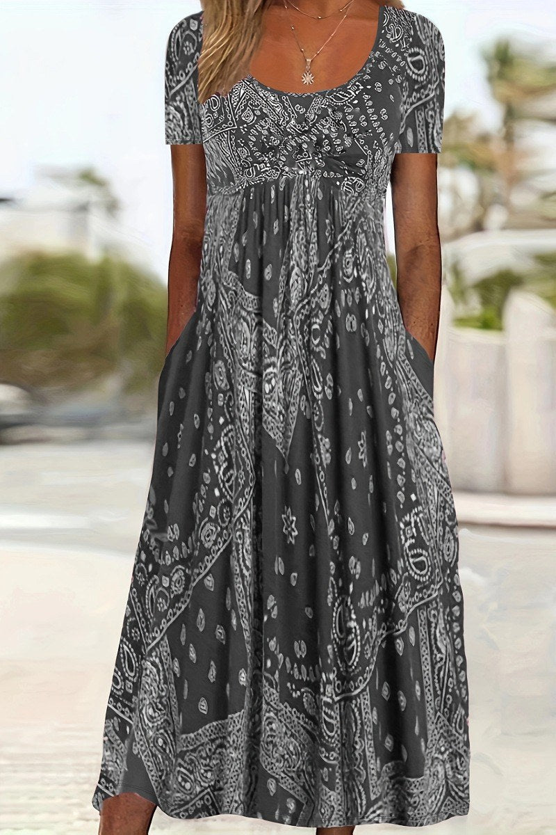 Printed Midi Dress Round Neck Short Sleeve — Grey — colour variant