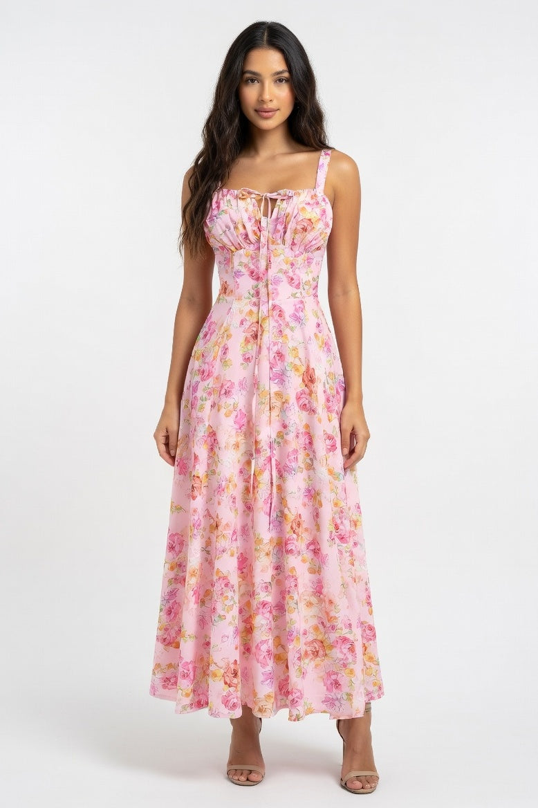 Strappy Back Maxi Dress — Orange Pink Floral