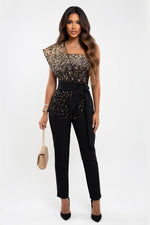 Sequined Sleeveless Jumpsuit — Gold Print