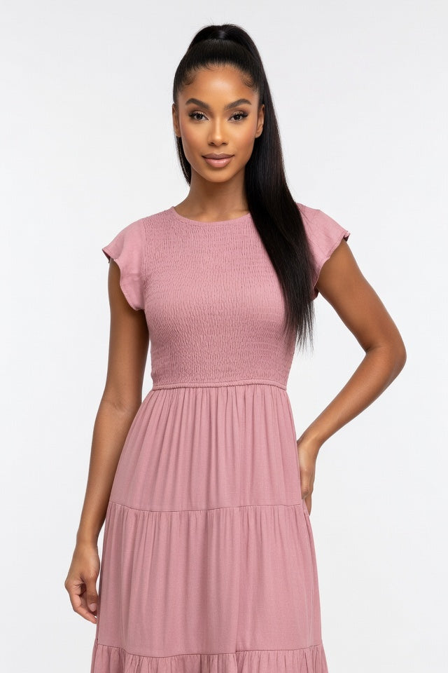 Tiered Mini Dress with Flutter Sleeves — Pink