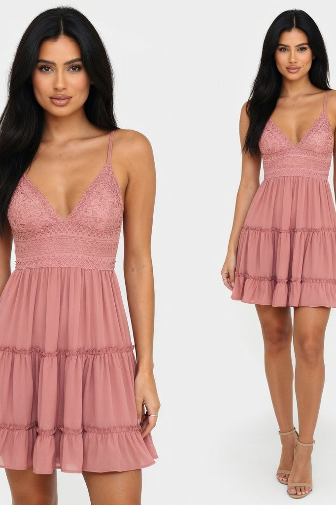 Lace Splice Suspender Dress — Pink