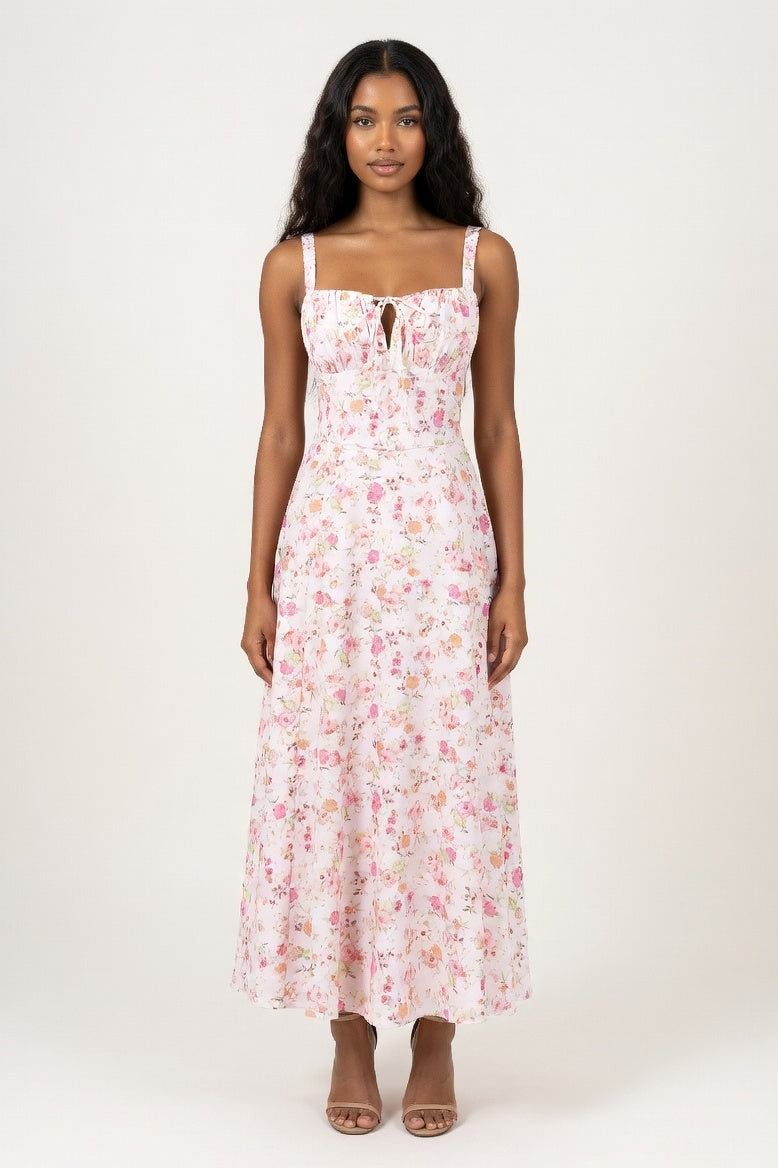 Printed Halter Midi Dress — Orange Pink Floral