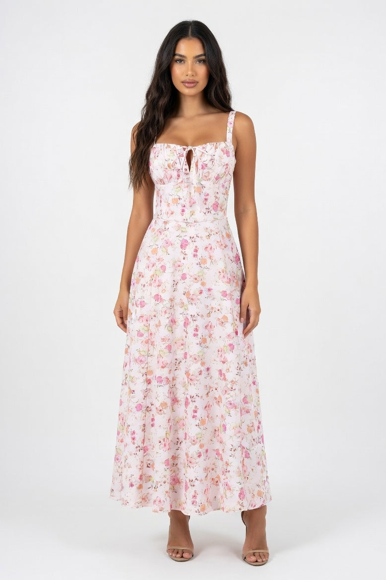 Printed Strappy Midi Dress — Orange Pink Floral