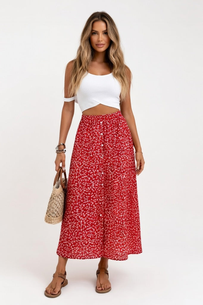 Button Detail Mini Skirt — Red