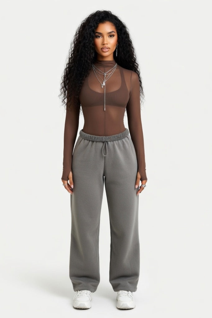 Sheer Mesh Half Turtleneck Top — Coffee Brown