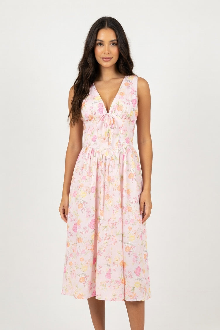 V-Neck Printed Halter Dress — Pink Print