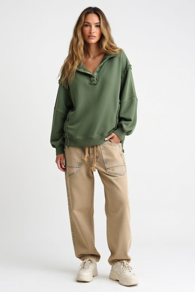 Oversized Sweatshirt with Slit Lapels — Army Green