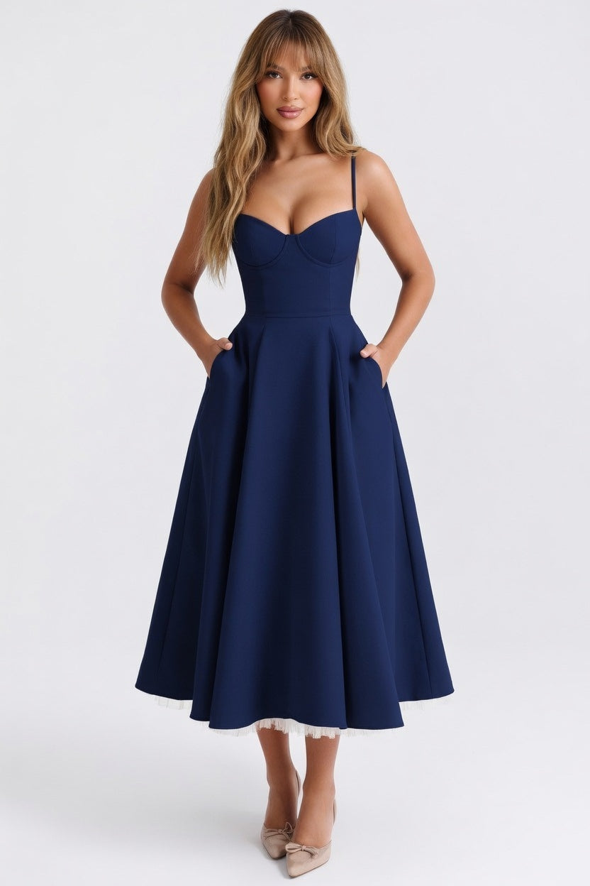 Mesh Double Layer Halter Dress — Navy Blue