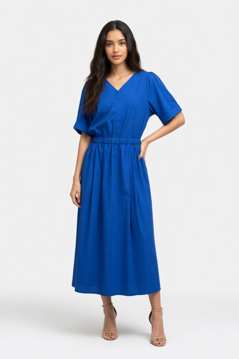 V-Neck Cotton Midi Dress — front view