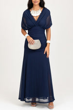 Printed Off-Shoulder Pleated Dress — Dark Blue