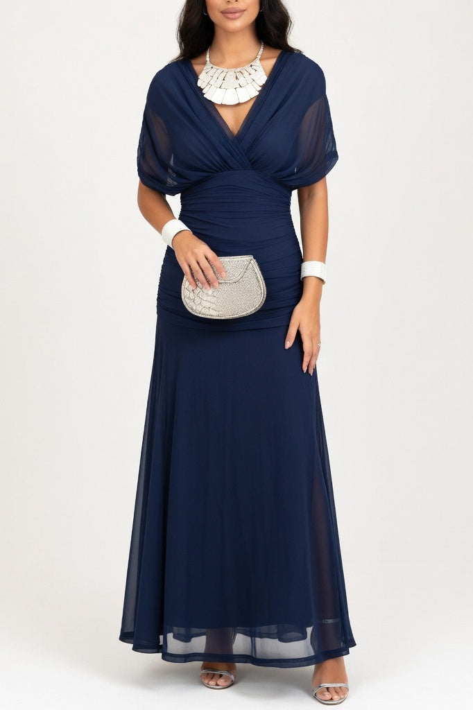 Printed Off-Shoulder Pleated Dress — Dark Blue