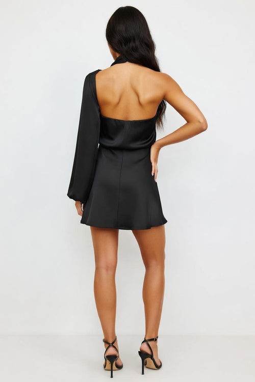 One-Shoulder Satin Midi Dress — back view