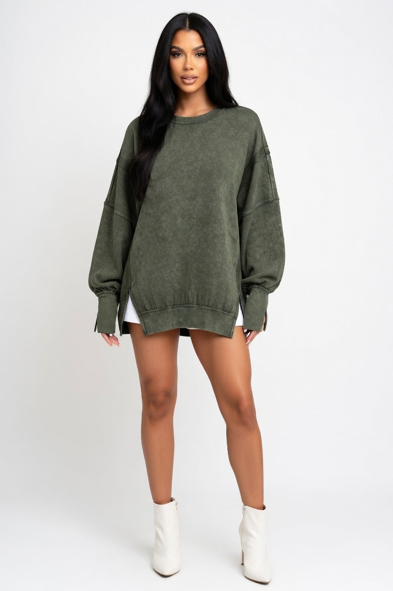 Washed Cotton Sweatshirt with Decorative Line Detail — Washed Army Green