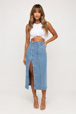High Waist Slit Denim Skirt — Distressed Dark Blue