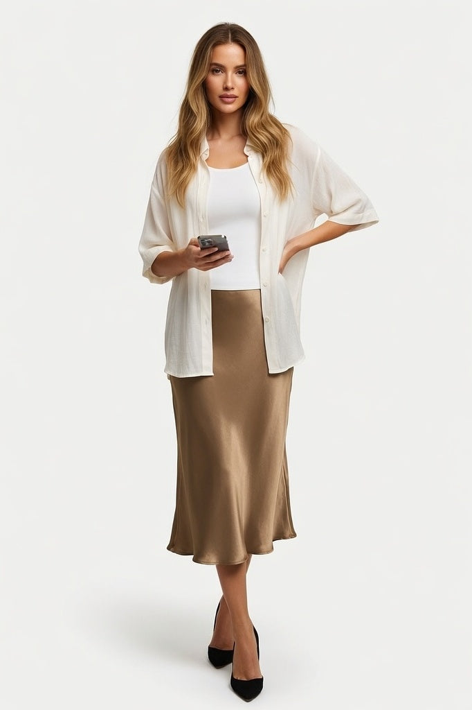Satin Side Slit Midi Skirt — Champagne