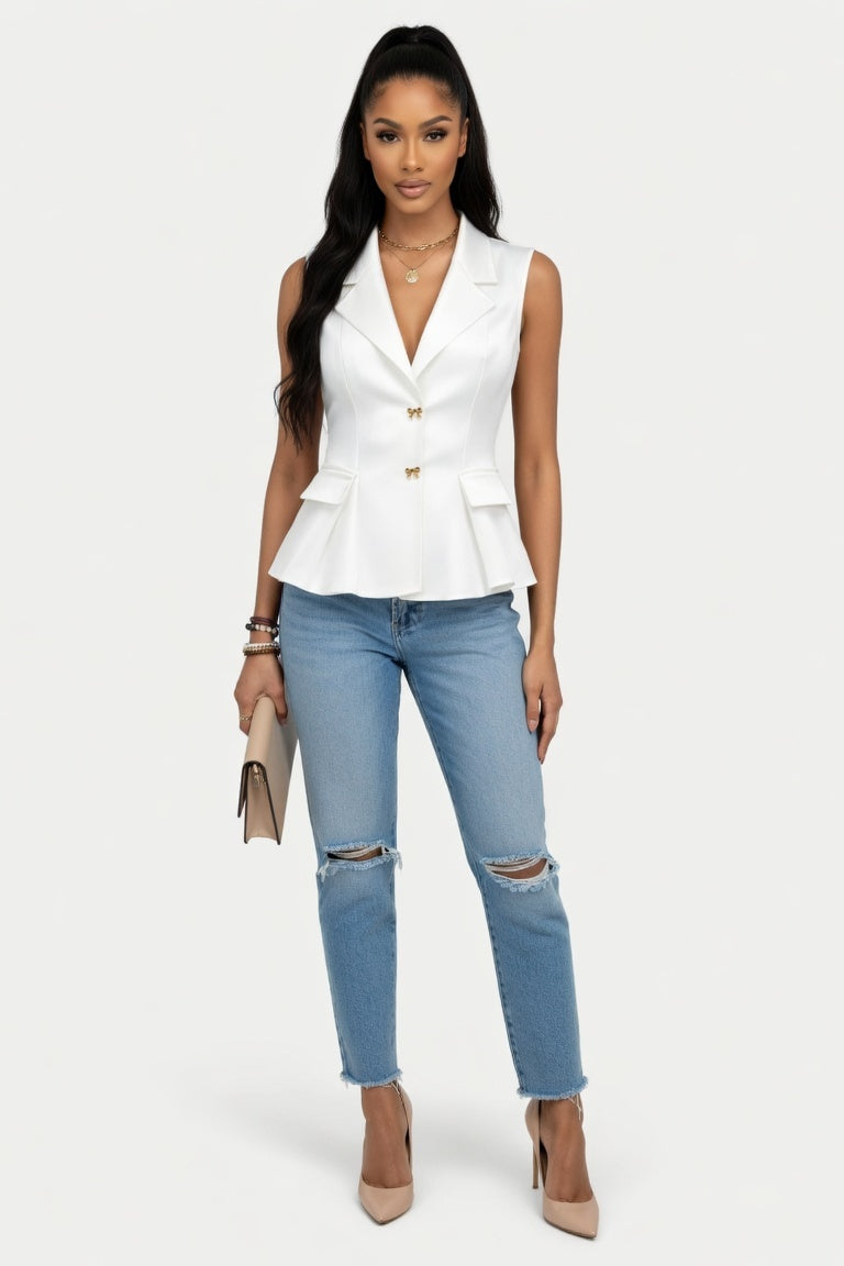 V-Neck Suit Vest with Bow Detail — White