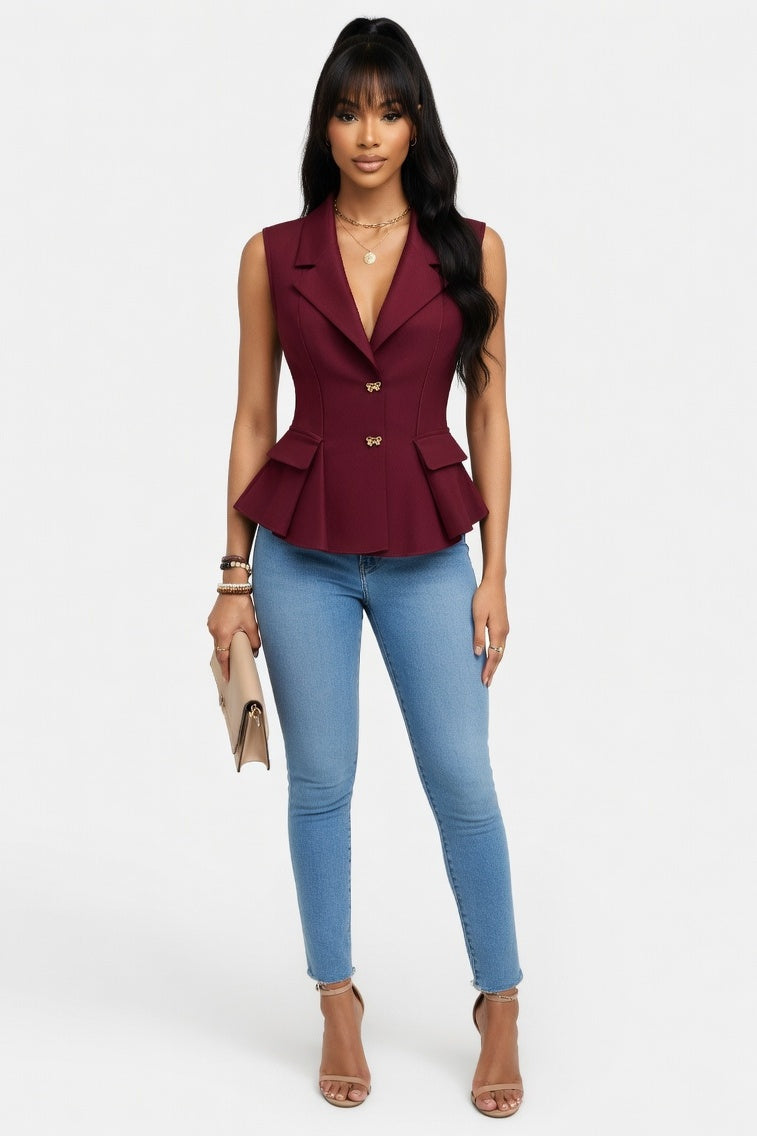 V-Neck Suit Vest with Bow Detail — Burgundy