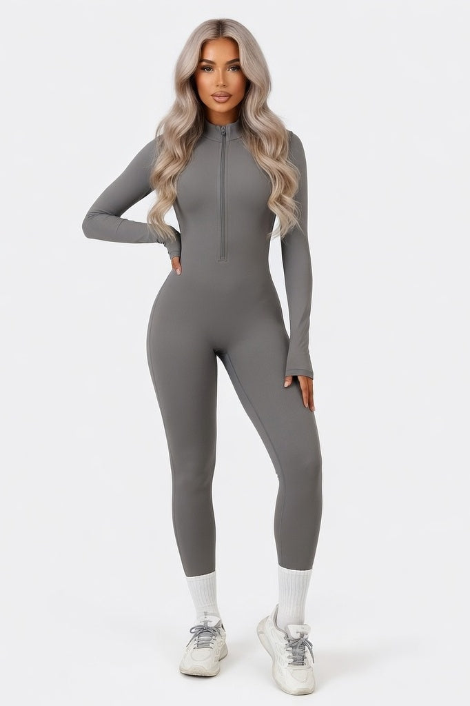 High-Neck Zip Bodysuit — Heather Grey