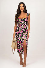French Floral Halter Slip Dress — Black
