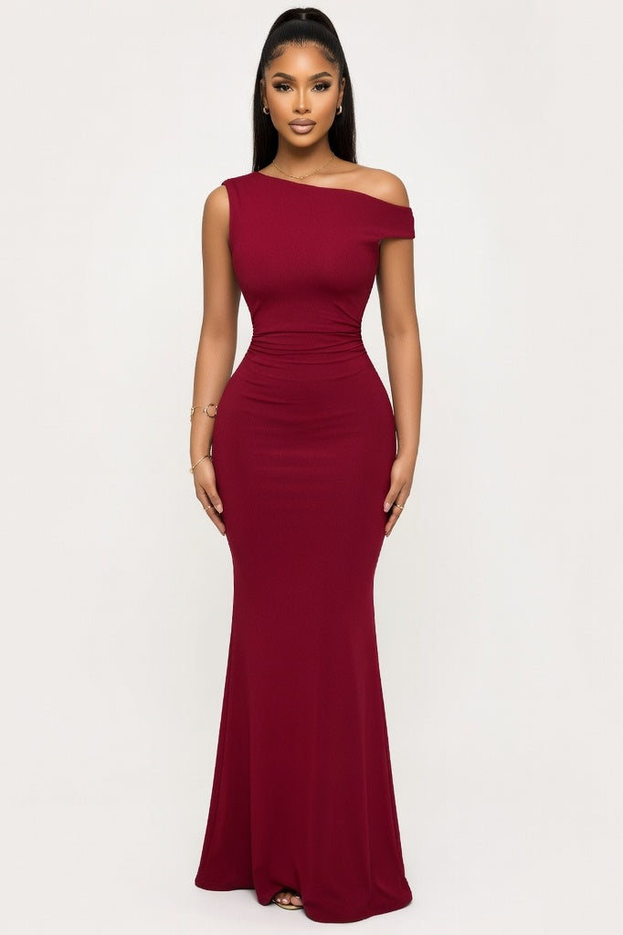 Off Shoulder Pleated Mini Dress — Burgundy