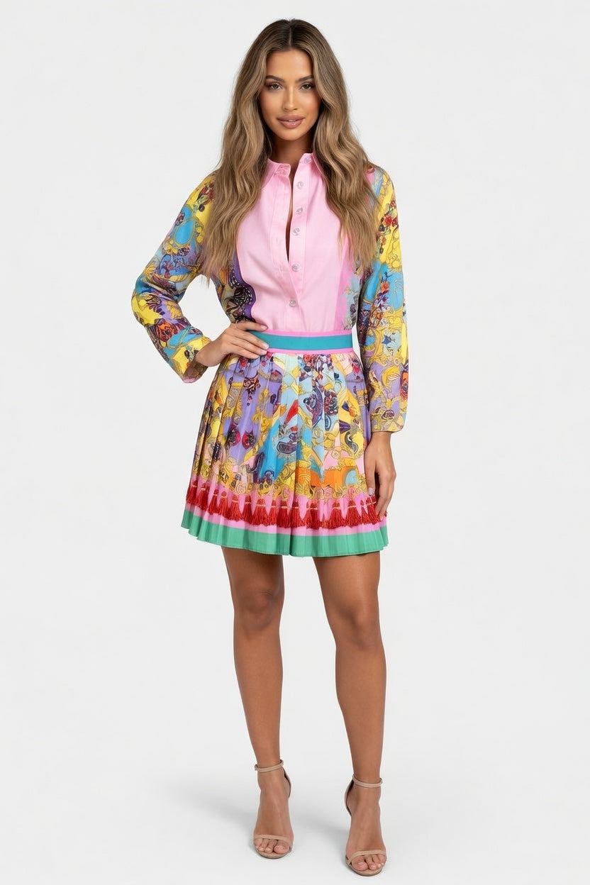 Printed Shirt & Pleated Skirt Co-ord — front view