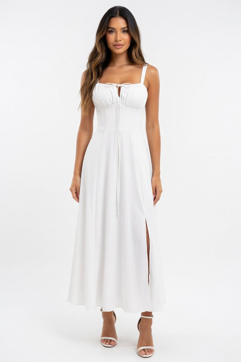 Printed Strappy Midi Dress — White