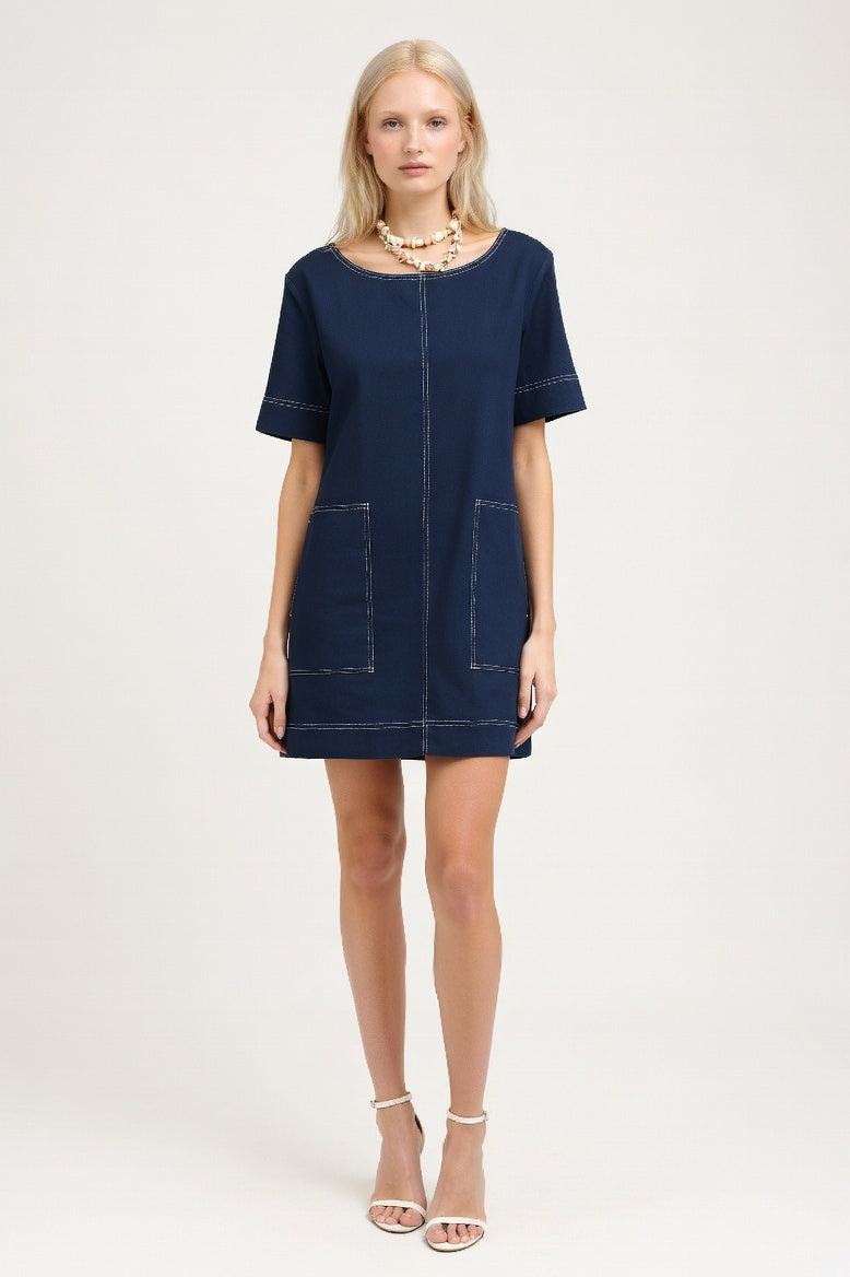 Casual Dress with Pocket Detail — Navy Blue