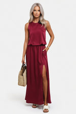Modal Halter Split Midi Dress — Burgundy