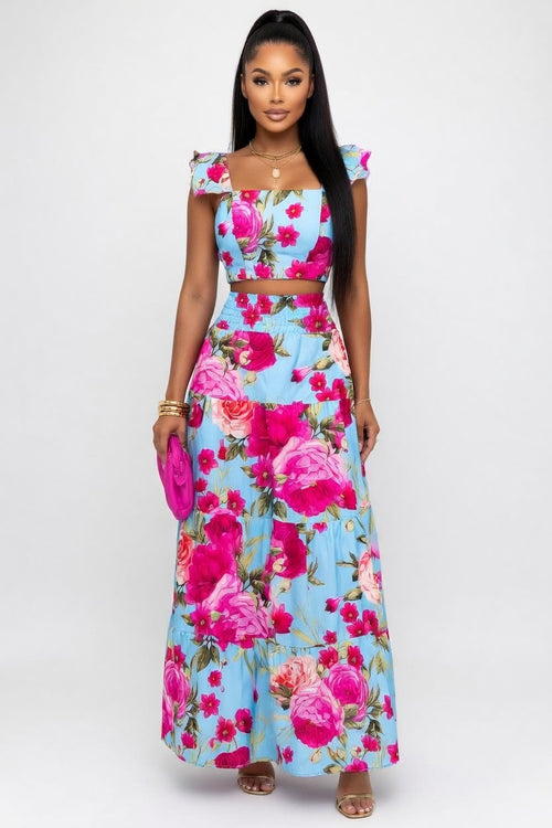 Halter Maxi Dress — Blue Pink Floral