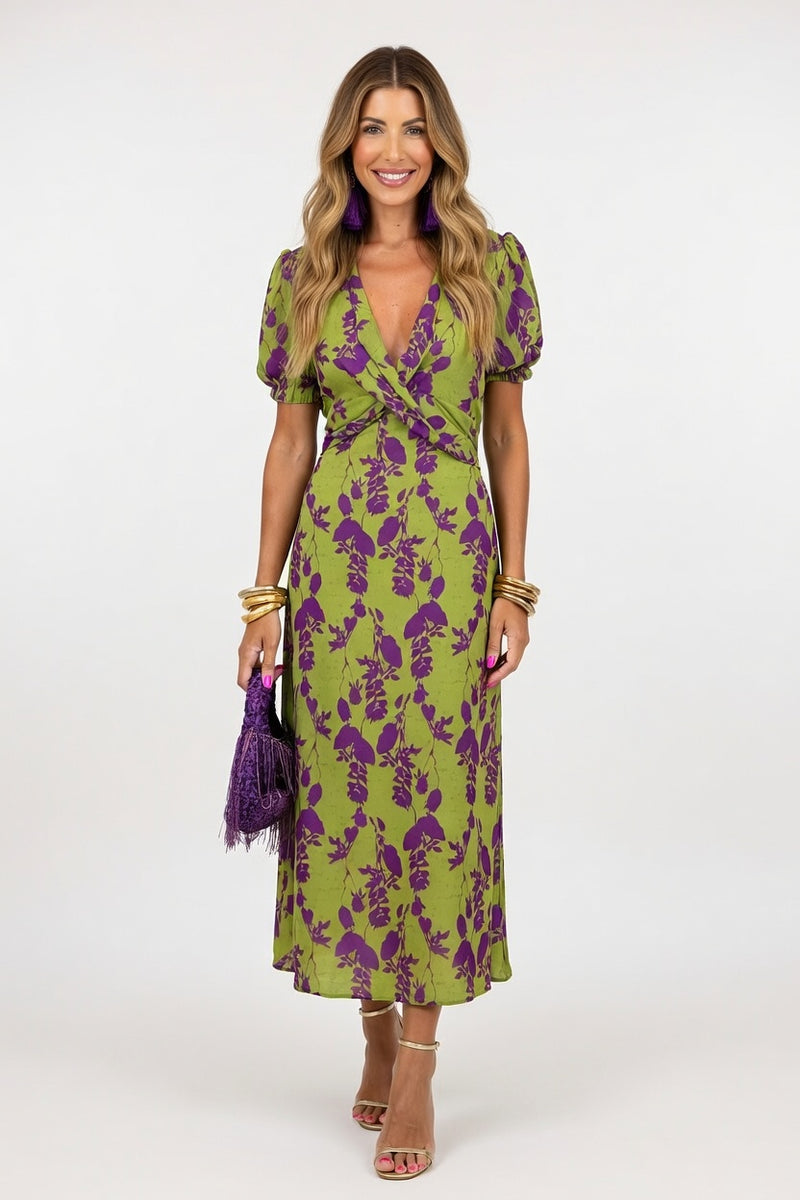 V-Neck Pleated Printed Dress — front view