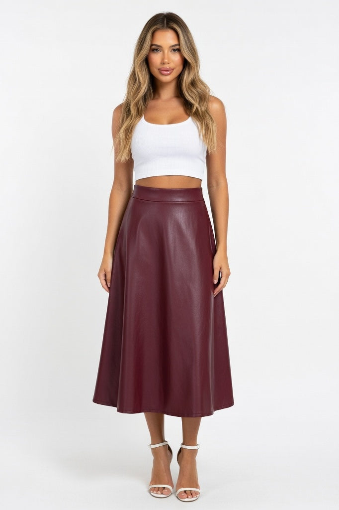 High Waist PU Leather Midi Skirt — Burgundy