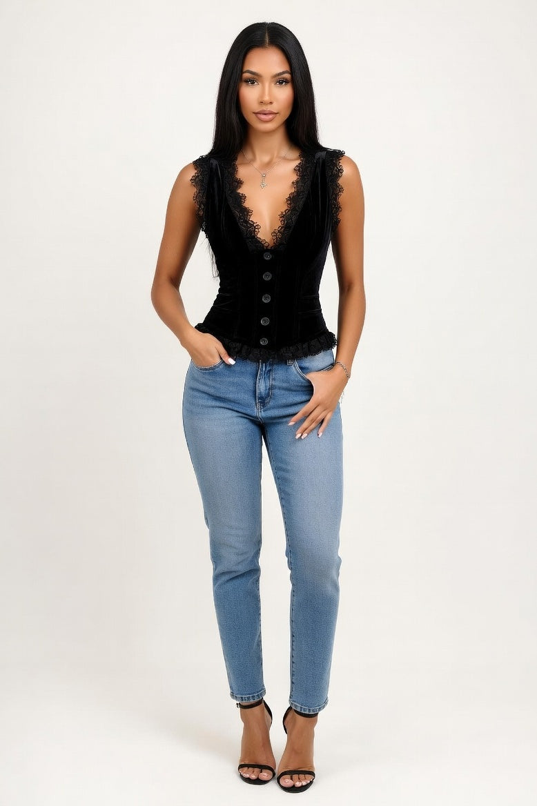 V-Neck Western Vest Top — Black