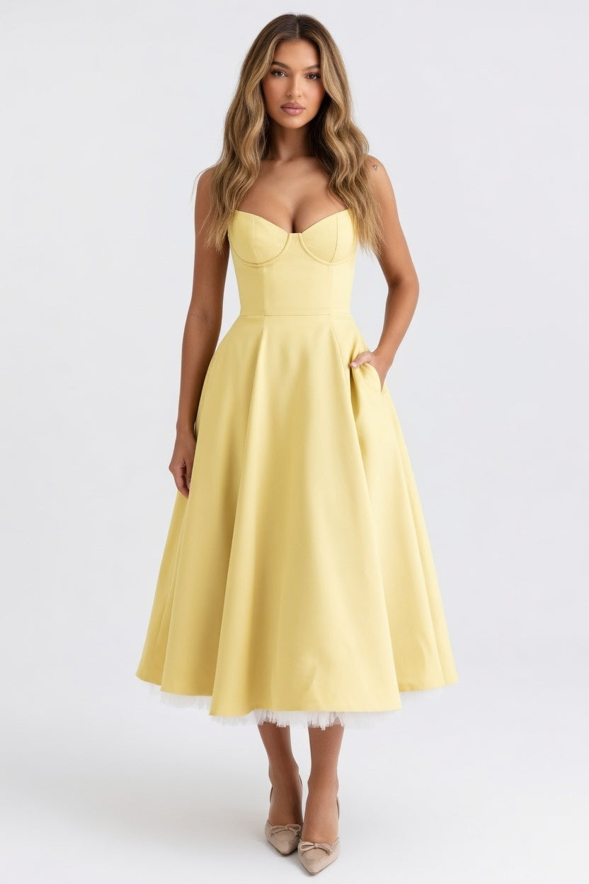 Mesh Double Layer Halter Dress — Yellow